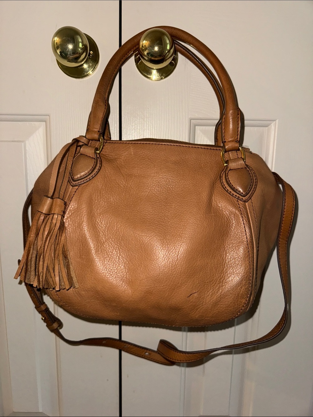 J Crew Classic Leather Satchel Handbag in Cognac Brown